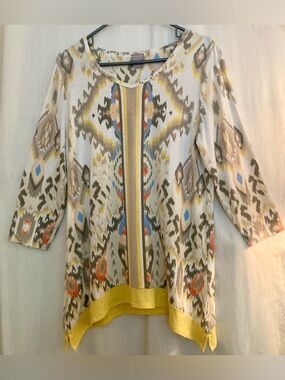 Chico's Yellow Multi-Color Aztec Print Scarf Hem Scoop Neck Tunic Size 1